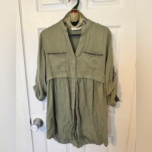 Olive Green Button-Front Tunic Blouse Zara